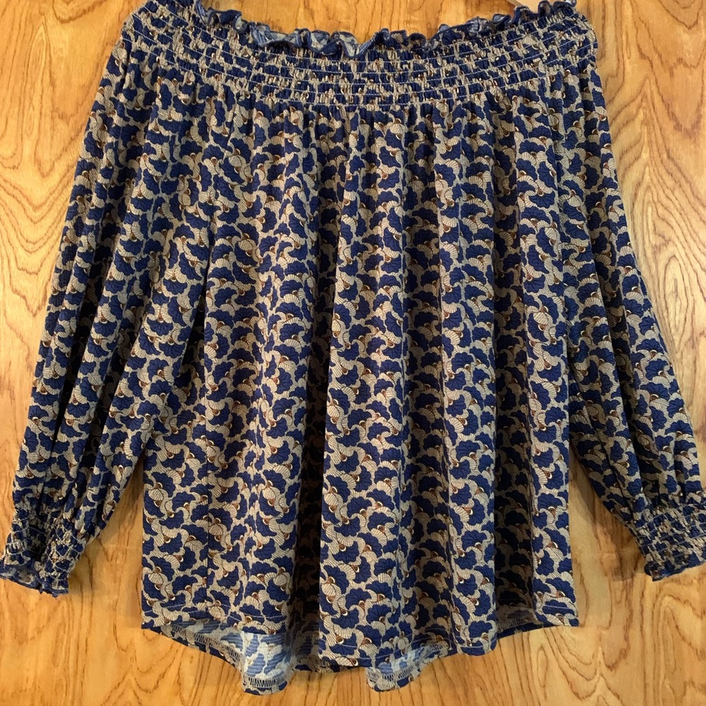 MELLODAY Blue and Brown Patterned Off-Shoulder Blouse